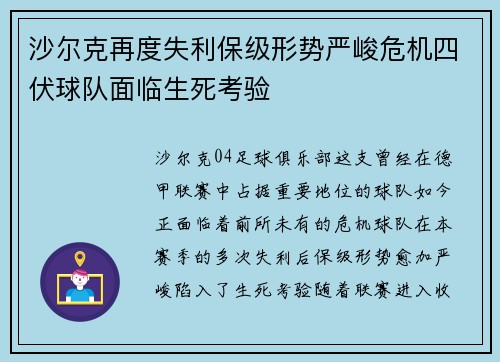 沙尔克再度失利保级形势严峻危机四伏球队面临生死考验