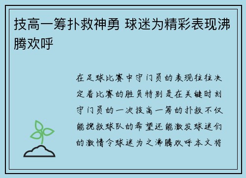技高一筹扑救神勇 球迷为精彩表现沸腾欢呼