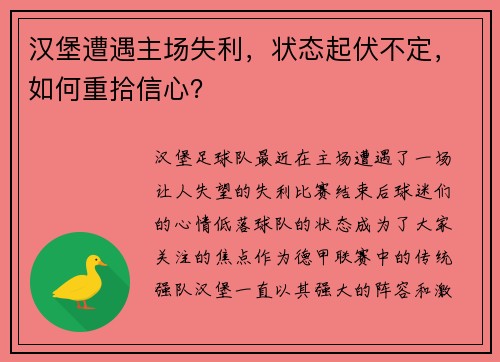 汉堡遭遇主场失利，状态起伏不定，如何重拾信心？