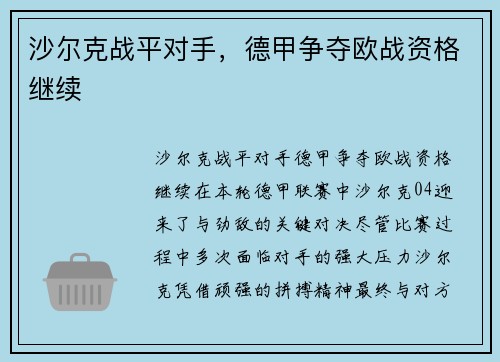 沙尔克战平对手，德甲争夺欧战资格继续