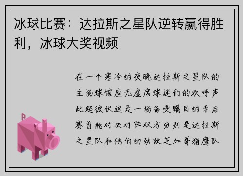 冰球比赛：达拉斯之星队逆转赢得胜利，冰球大奖视频