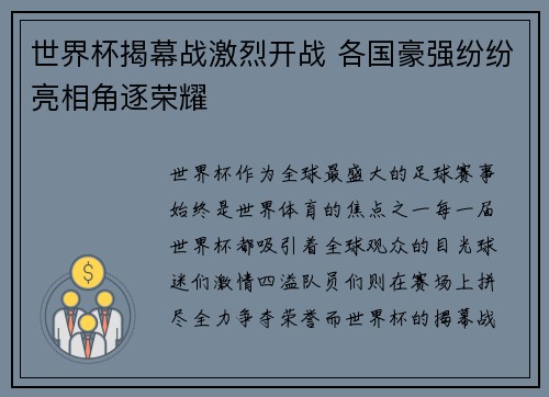 世界杯揭幕战激烈开战 各国豪强纷纷亮相角逐荣耀