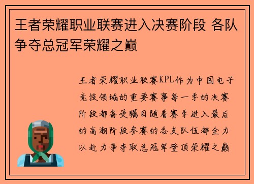 王者荣耀职业联赛进入决赛阶段 各队争夺总冠军荣耀之巅