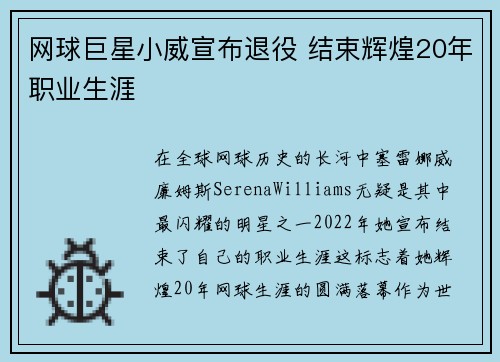 网球巨星小威宣布退役 结束辉煌20年职业生涯